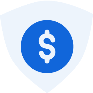 Blue dollar symbol on dark shield background.