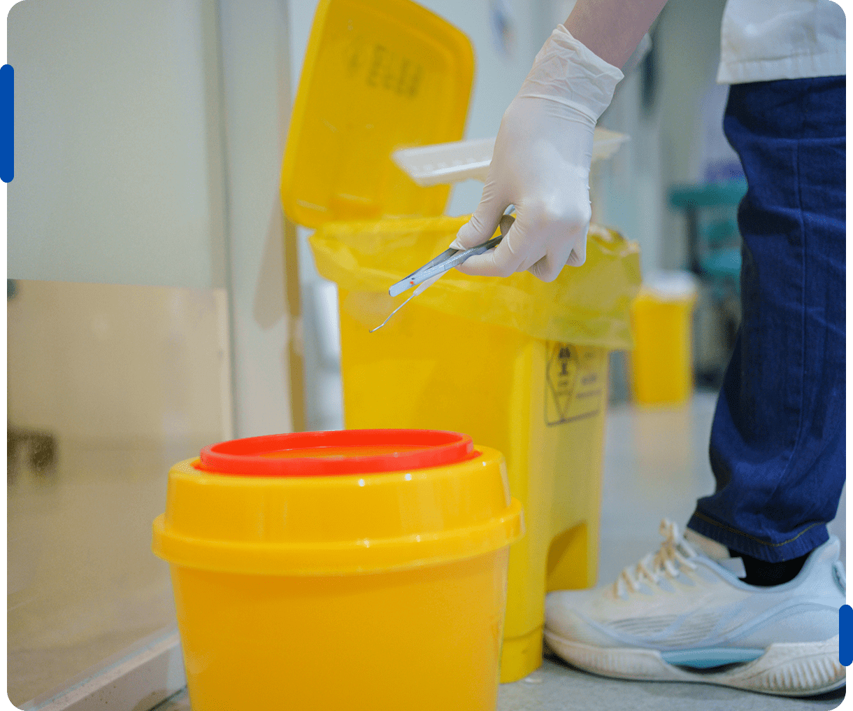 Medical waste disposal with yellow bins.